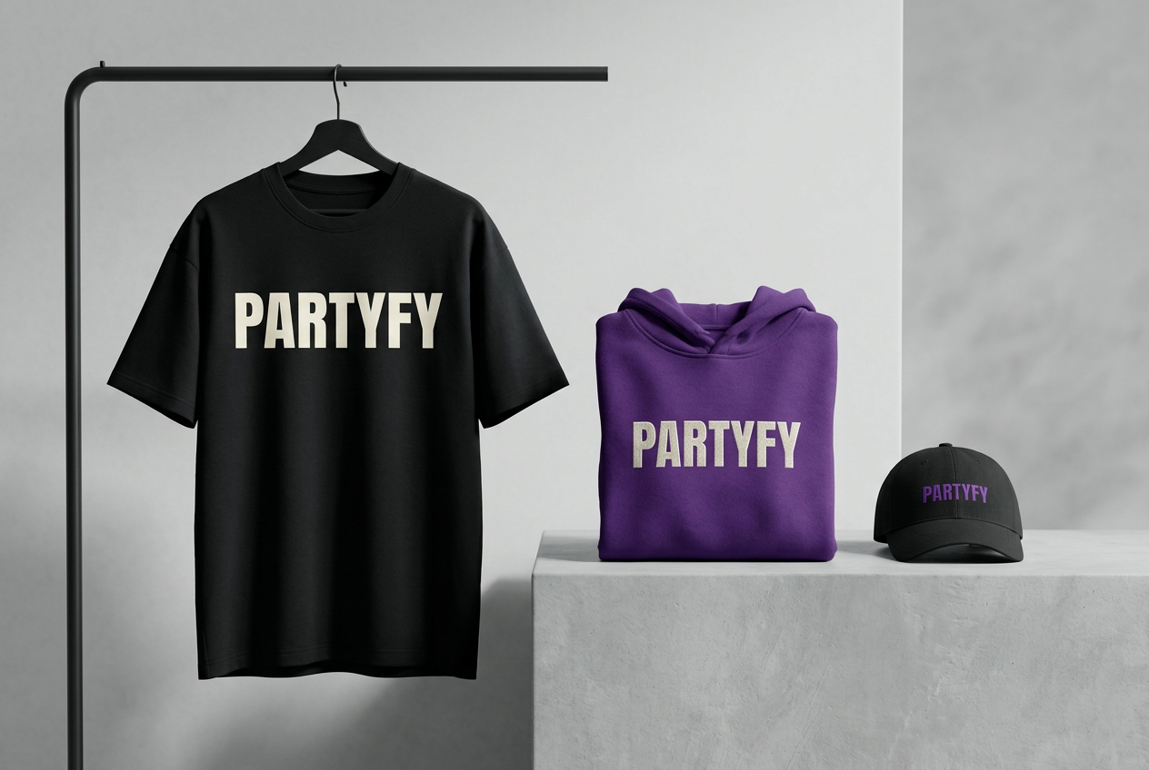 Partyfy streetwear concept: black oversized T-shirt, purple hoodie and black cap carrying the Partyfy wordmark